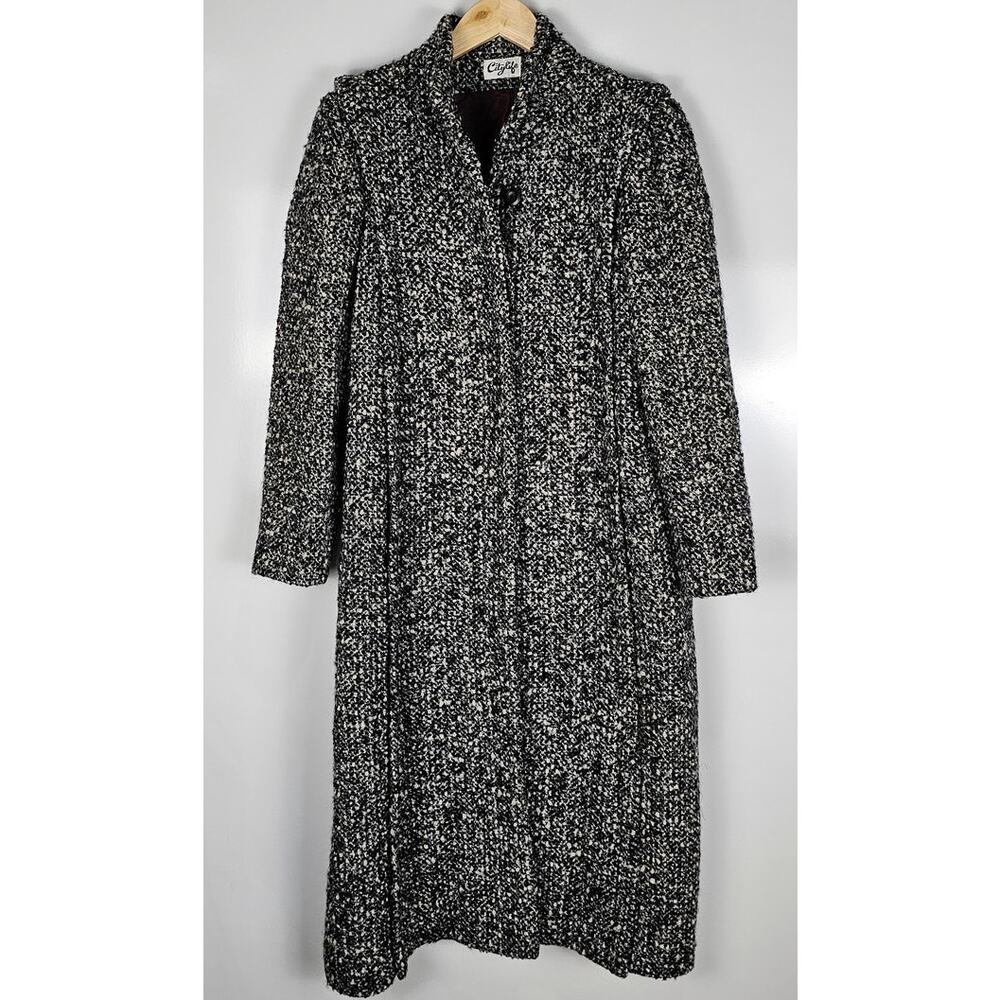 VTG City Life tweed coat grey black size M wool blend funeral neck